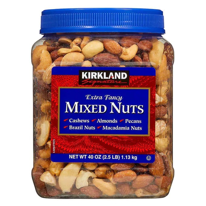 A package of Kirkland Signature mixed nuts