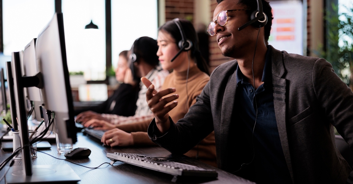 telemarketers answering client phone call at customer service