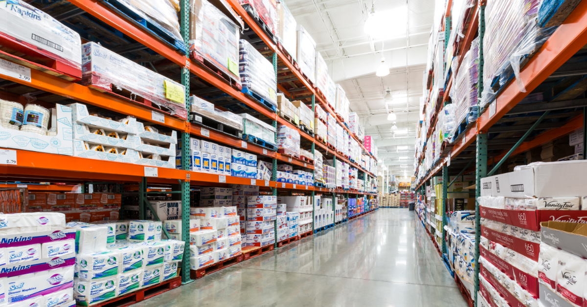 inside of the delaware costco store with napkins at shelves for sale