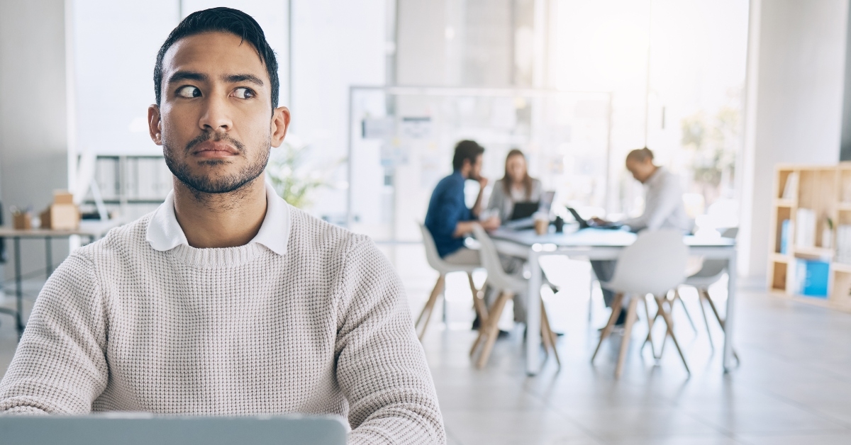 corporate worker suspicious and listening to gossip