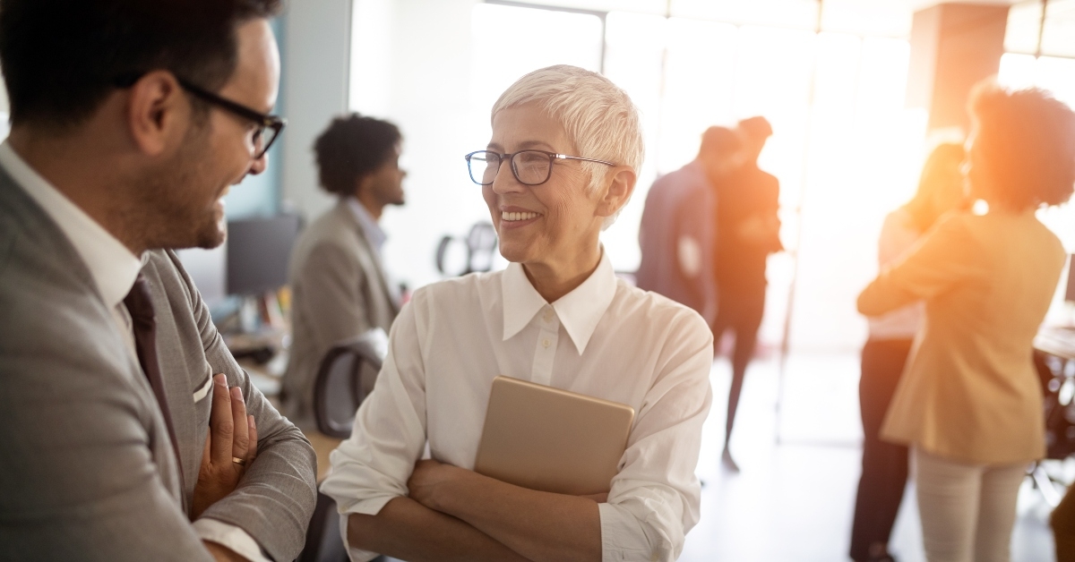 An older woman happy at job