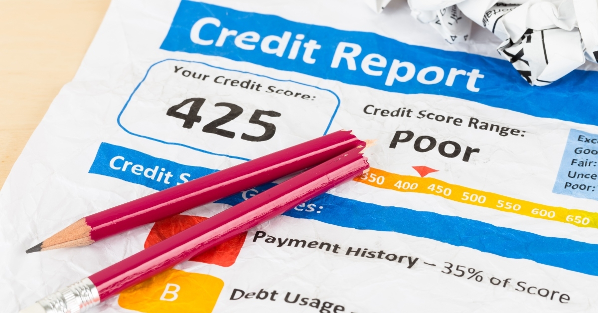 poor credit score report on wrinkled paper 