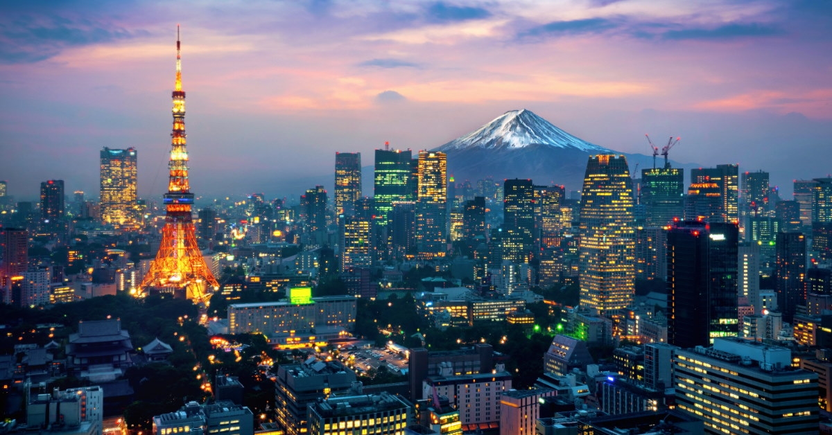 tokyo cityscape with beautiful lightning at night with mount fuji in background