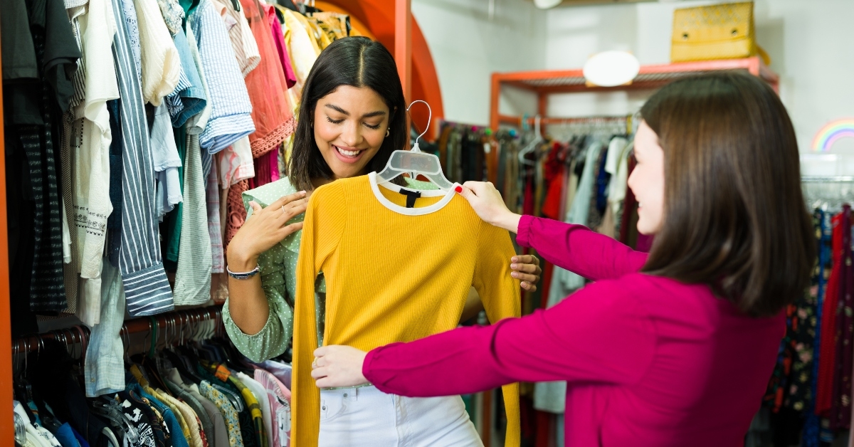 cheerful friends at the thrift shop