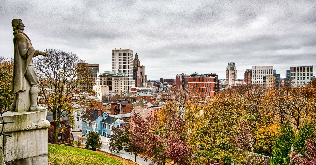 Providence Rhode Island skyline on a cloudy gloomy day