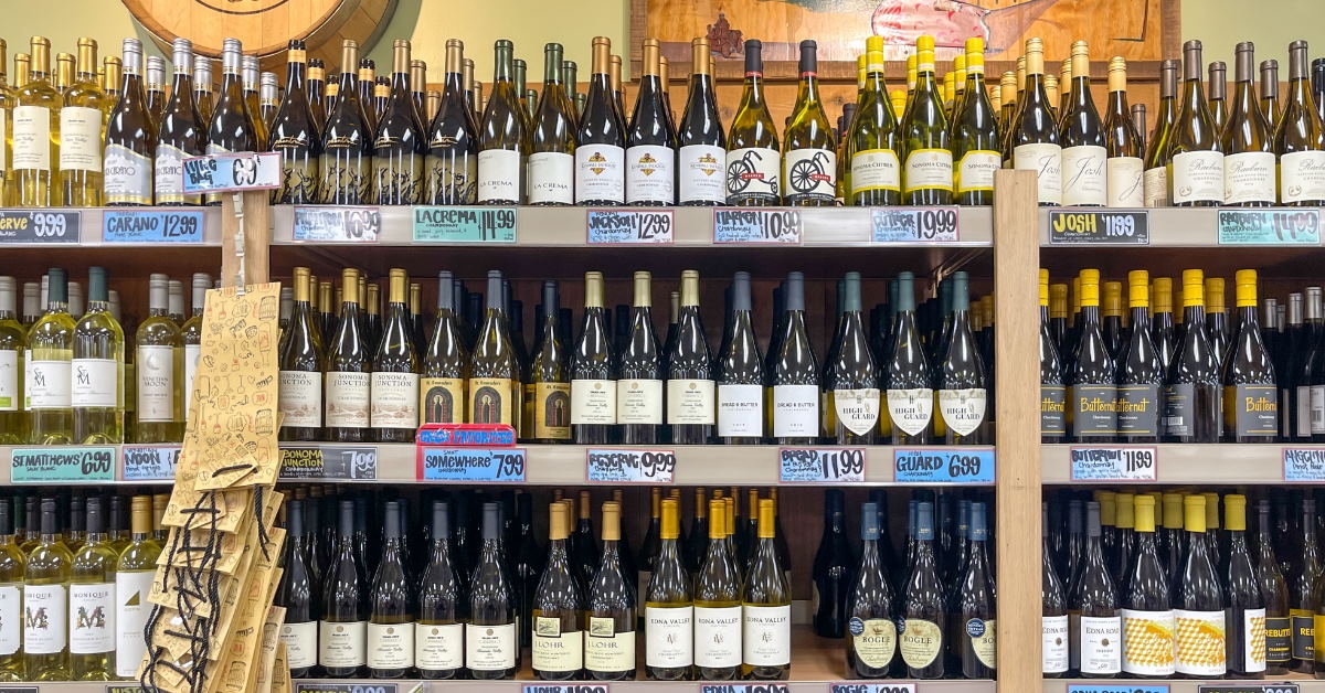 fine wine for sale on shelves in trader joes store