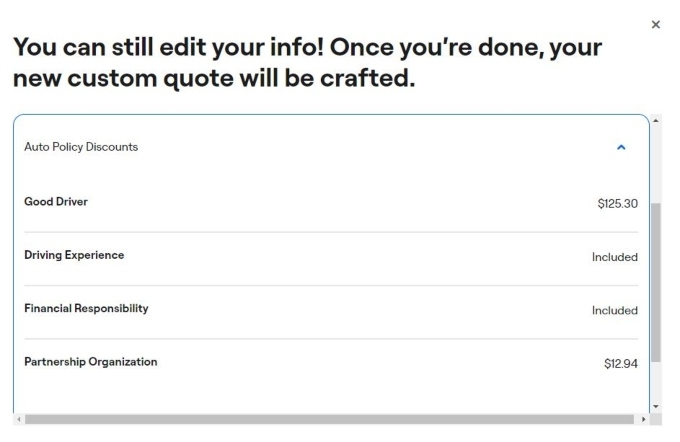A screenshot from GEICO's website showing discount amounts in an example quote. 