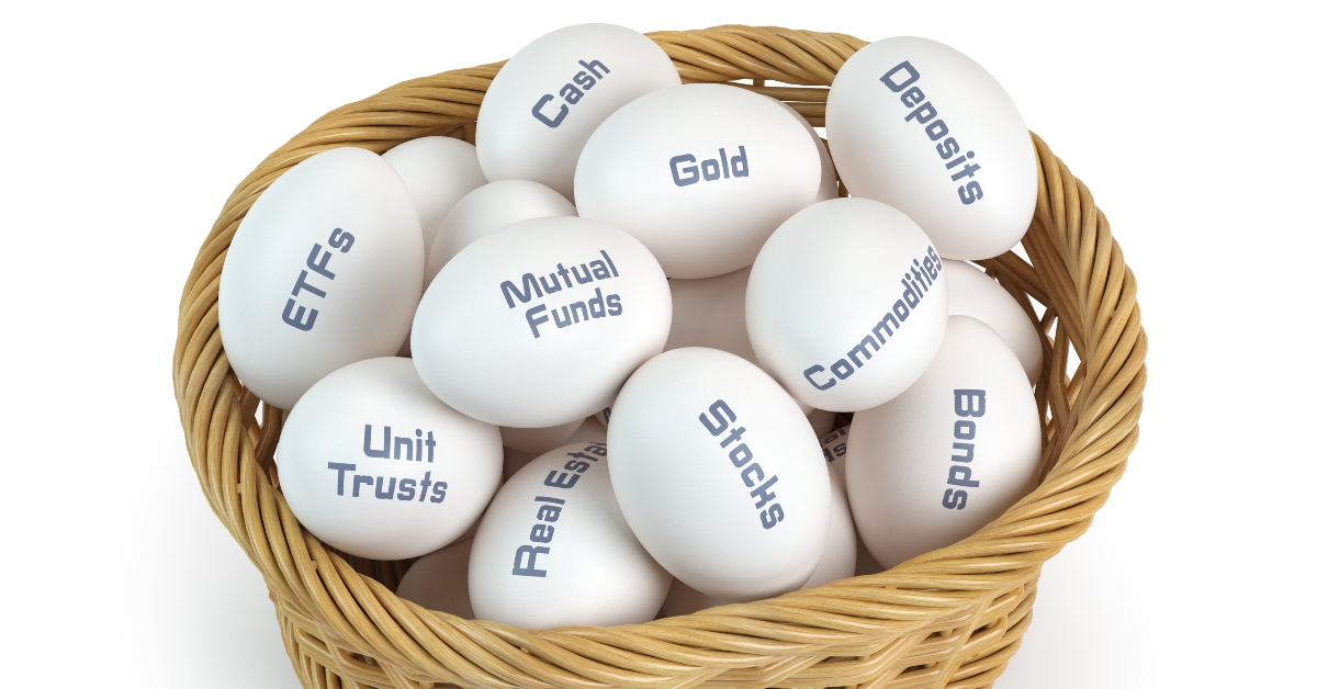 basket and eggs with different financial investment products  