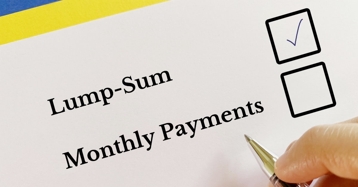 man sitting at table using pen to check box of lump-sum on questionnaire with leaving monthly payments box empty