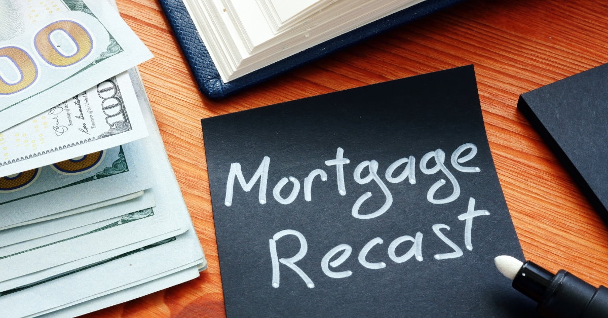 mortgage recast written using white pen on black sticky note