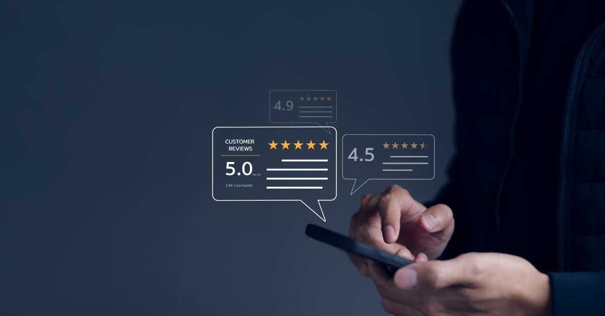 man giving review from smartphone 