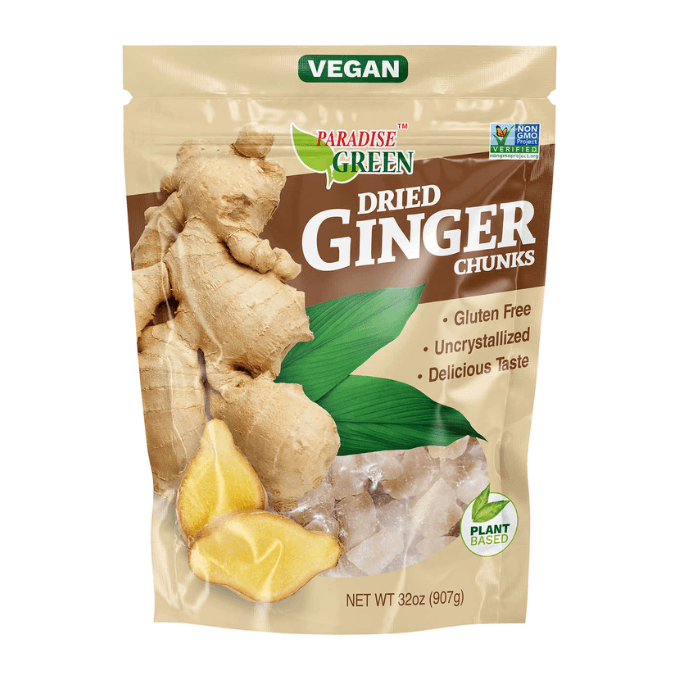 A package of Paradise Green Dried Ginger Chunks