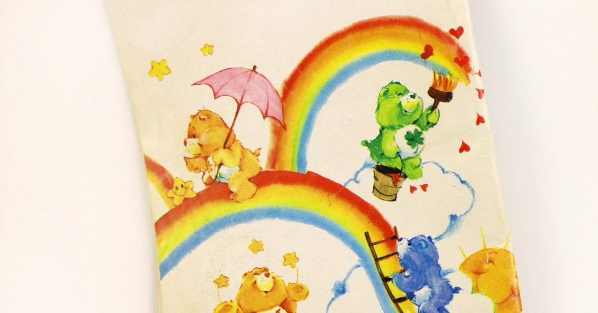 drawing of colorful care bears with rainbows and umbrellas