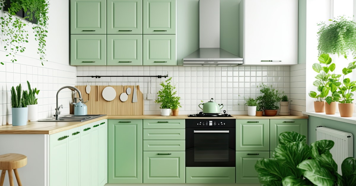 beautiful kitchen with green cabinets on tiled walls and indoor plants