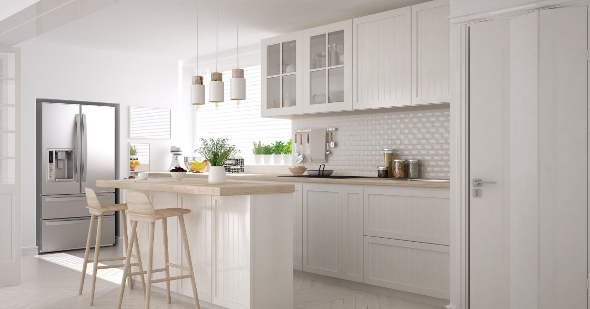 scandinavian kitchen with white marble cabinets with woodens countertops