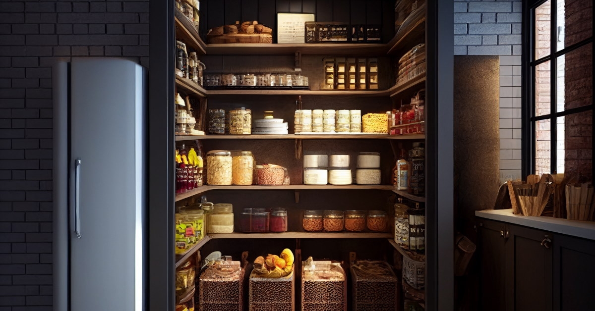 modern food pantry in the kitchen with shelves filled with glass jars of food items
