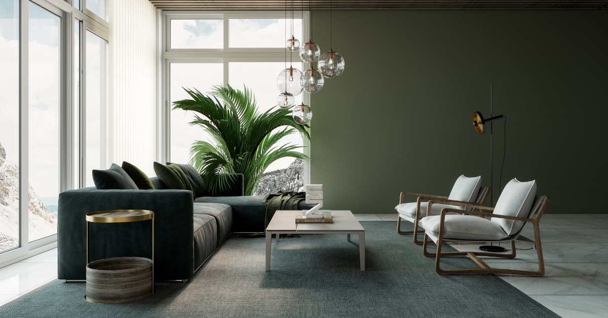 modern living lounge with green couch and white arm chairs with table in centre