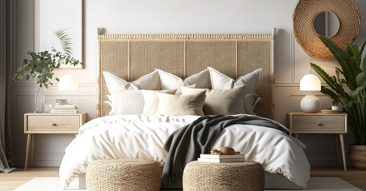 rattan bed stools and decoration items in bedroom