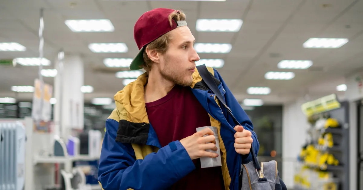 male shoplifter stealing gadgets at electronic store
