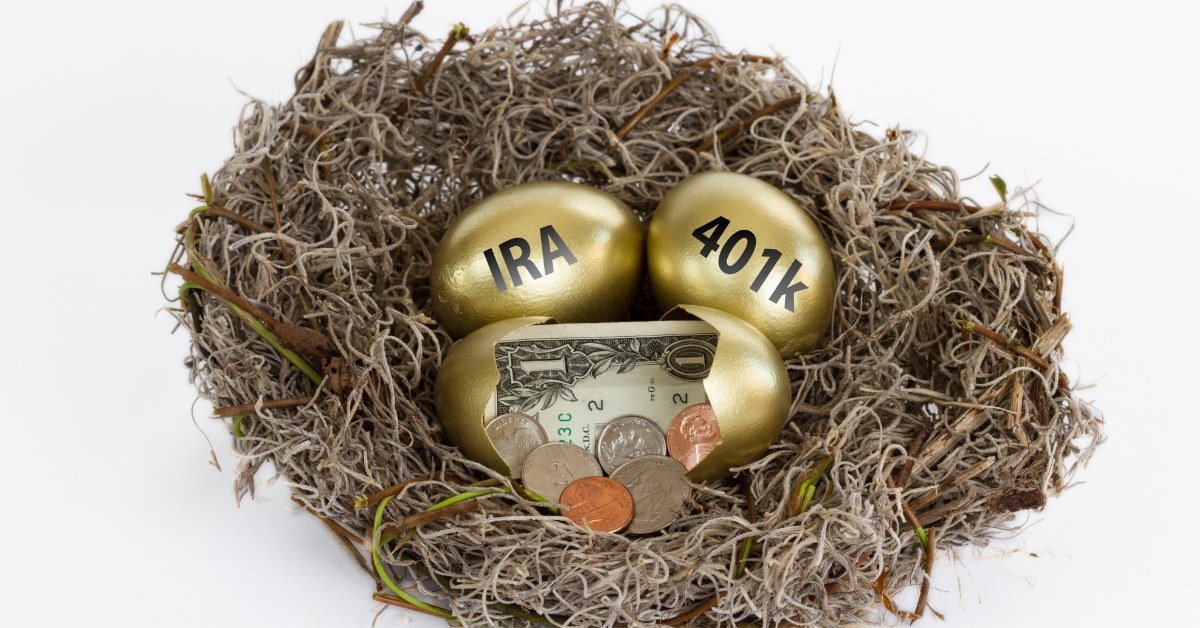 golden eggs inside the nest, with one egg broken while the other has an IRA and 401k stamp