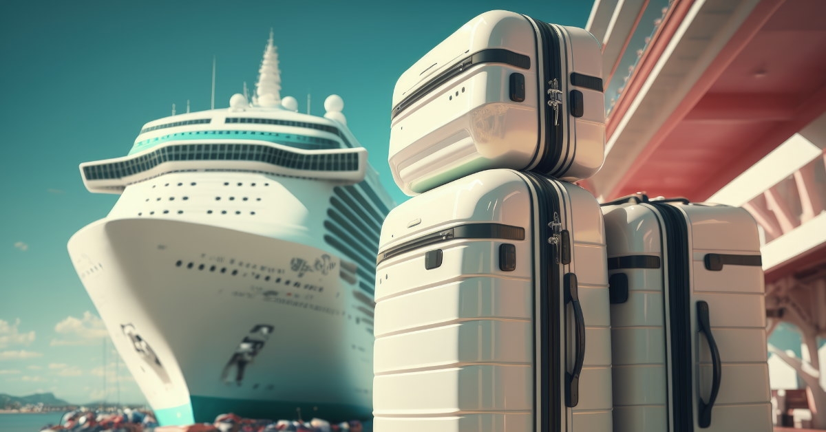suitcases placed at cruise ship terminal with cruise ship in background 