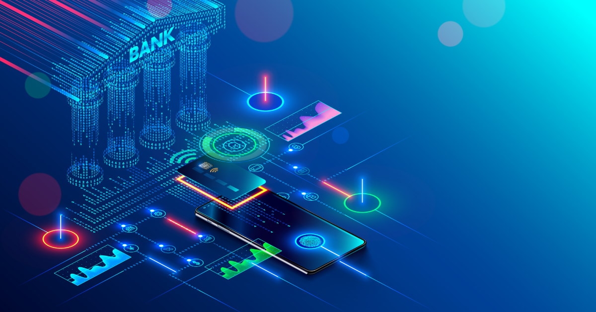 digital banking concept with 3d smartphone bank and card