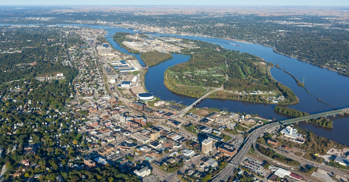 aerial view of Moline Illinois on Mississippi River