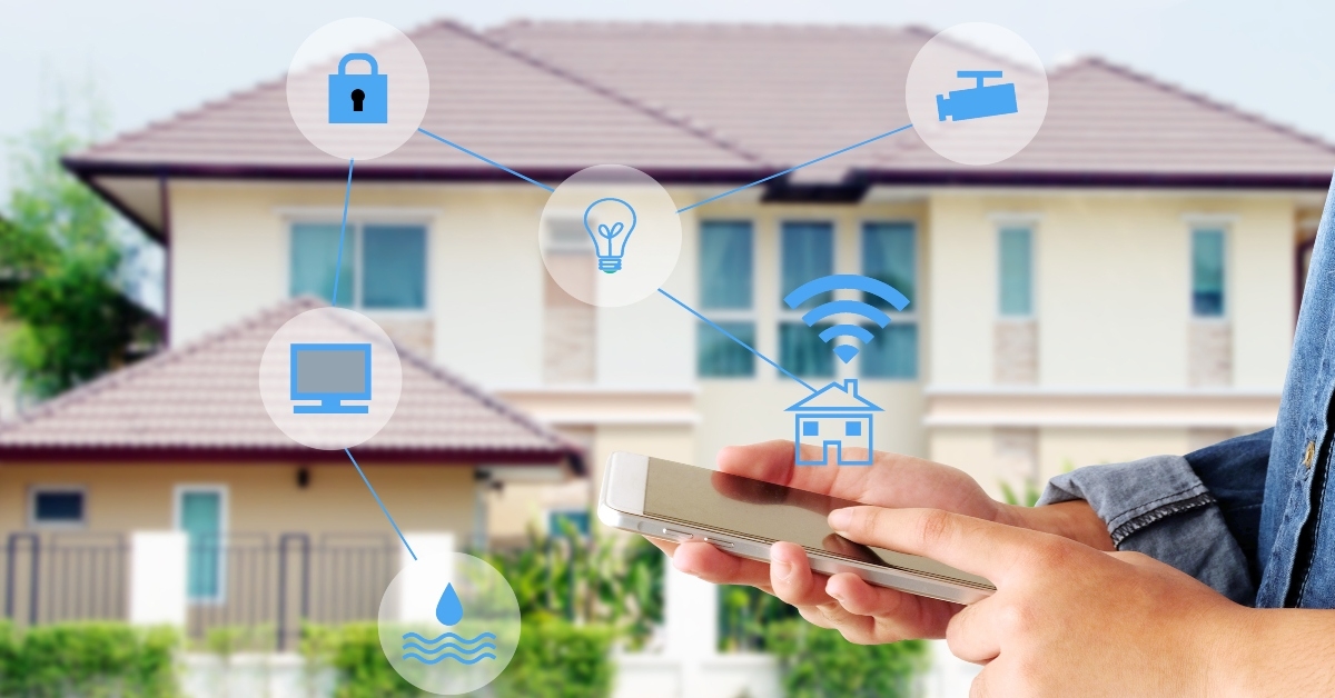 hand using smart phone as smart home control application