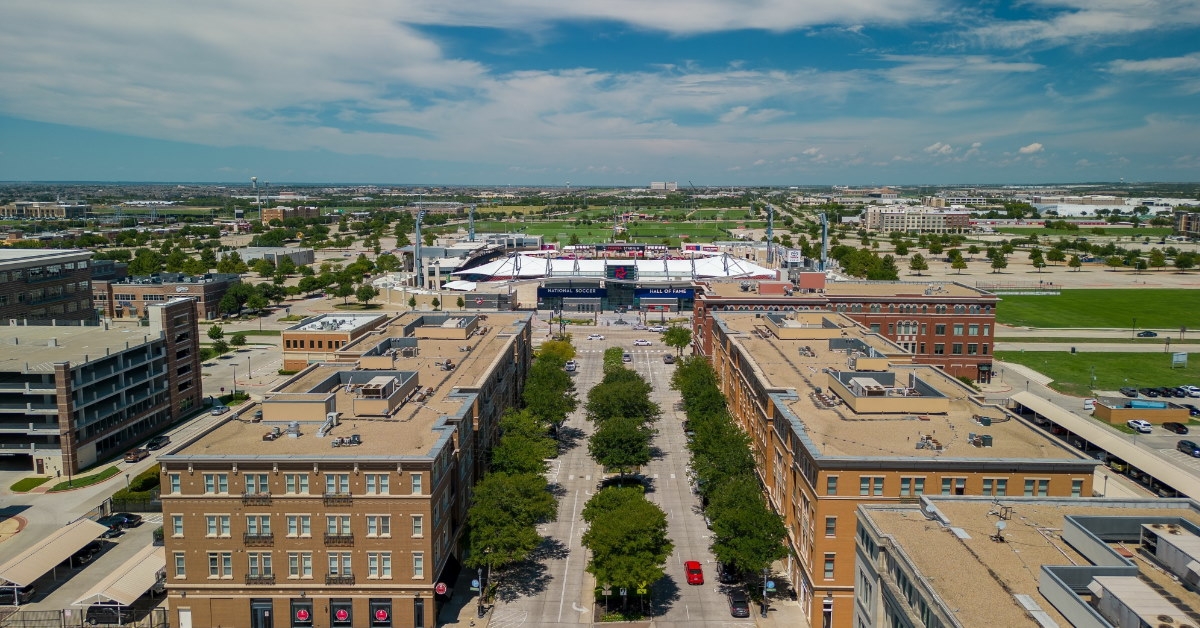 aerial shot of soccer stadium and hall of fame in texas