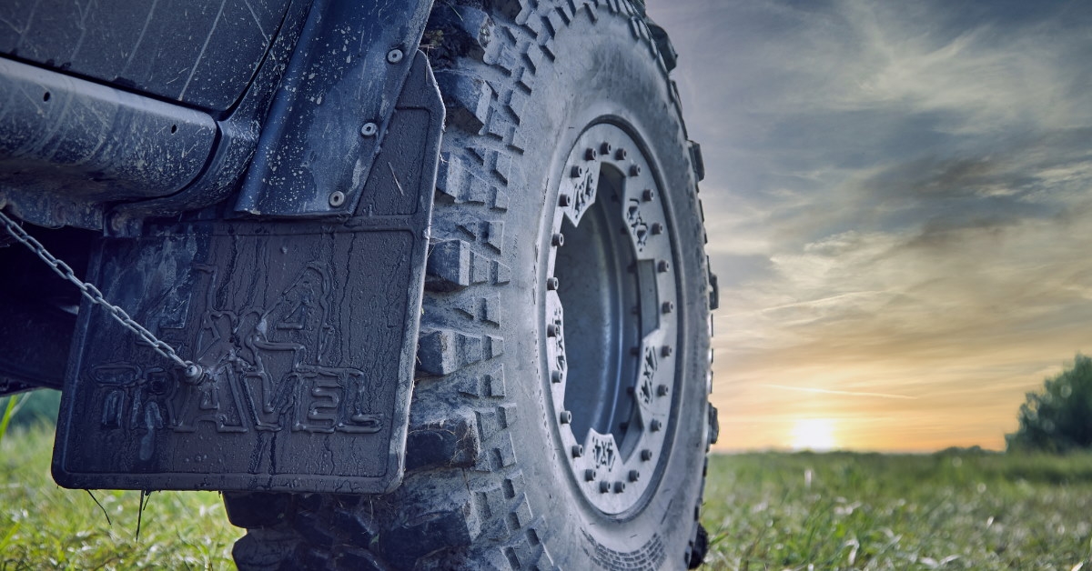 shot of car tyres standing on green grass at sunset