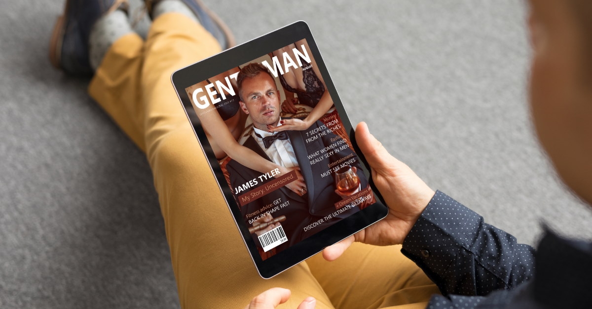 man sitting on floor reading magazine on tablet