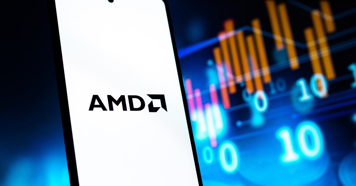 amd logo on smartphone with colorful codes at the back