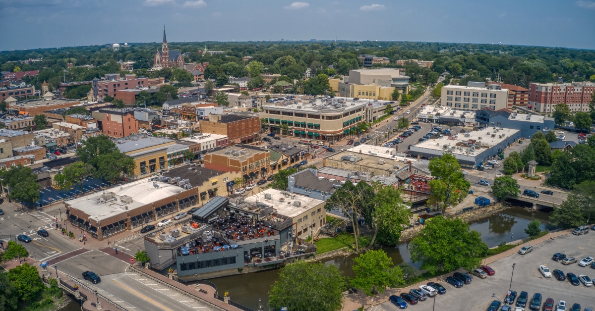 aerial view of the Chicago Suburb of Naperville