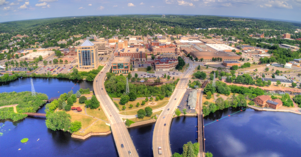aerial view of the Wausau Skyline in Wisconsin