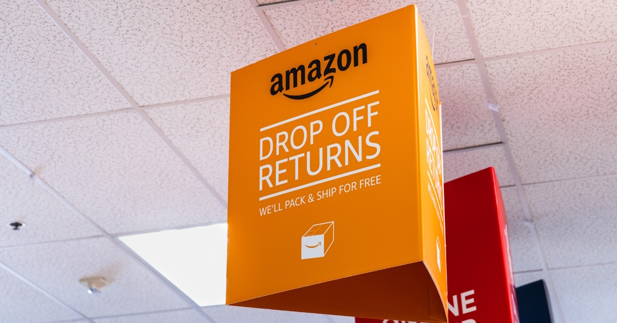amazon drop off returns sign board hanging from ceiling at kohls
