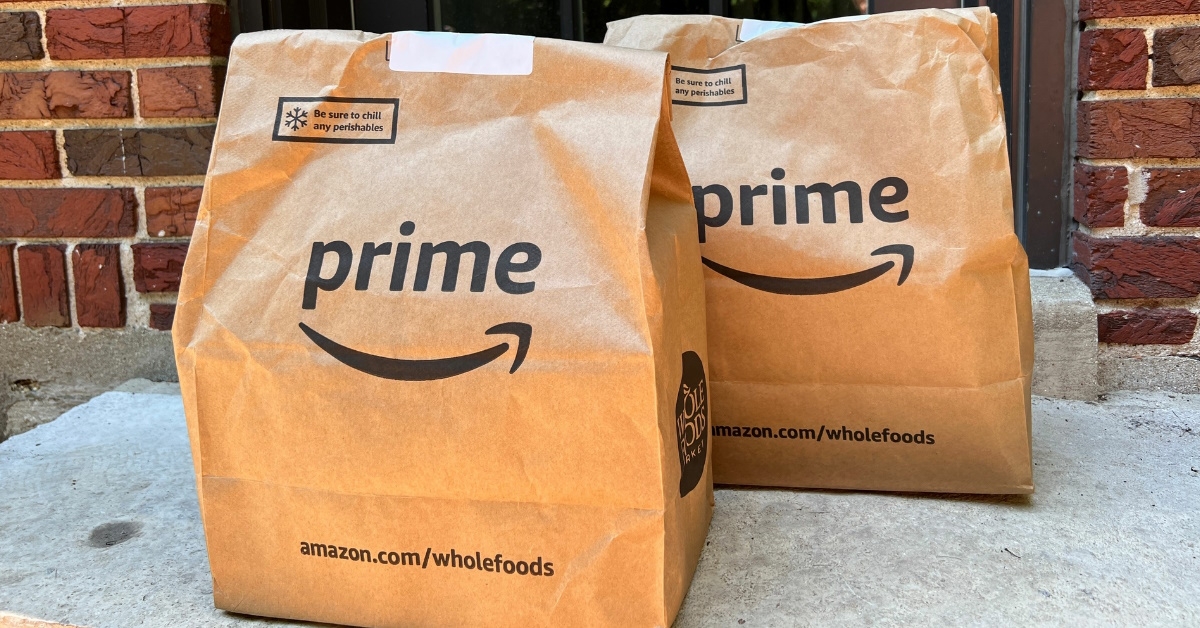 brown color grocery bags delivered outside doorstep by amazon prime