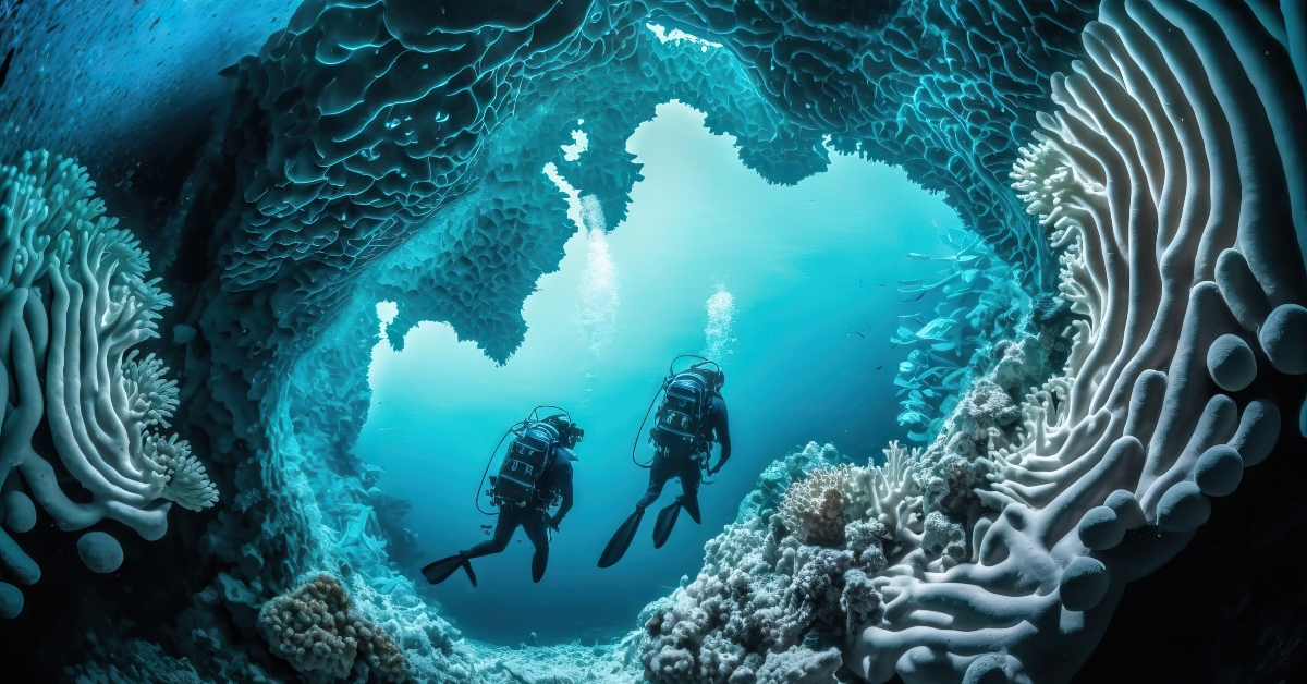 divers diving among white hermatypic marine coral reefs