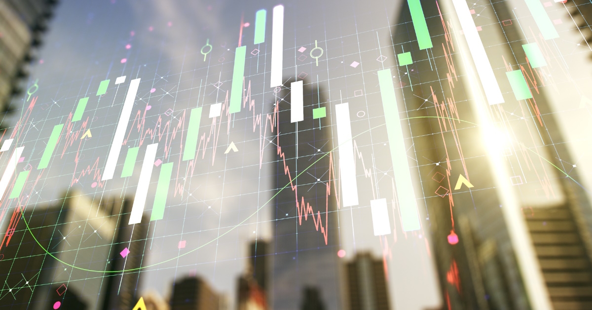 financial graphs with digits over tall building showing the concept of banking and accountings