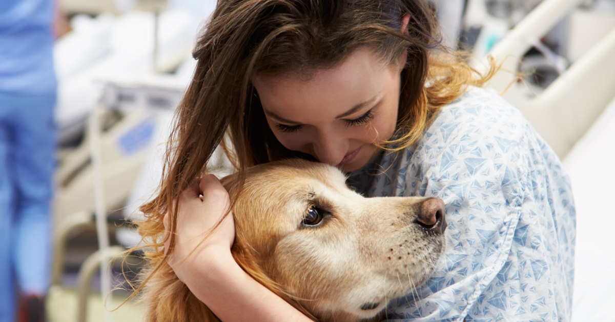 dog visiting female patient admitted in hospital