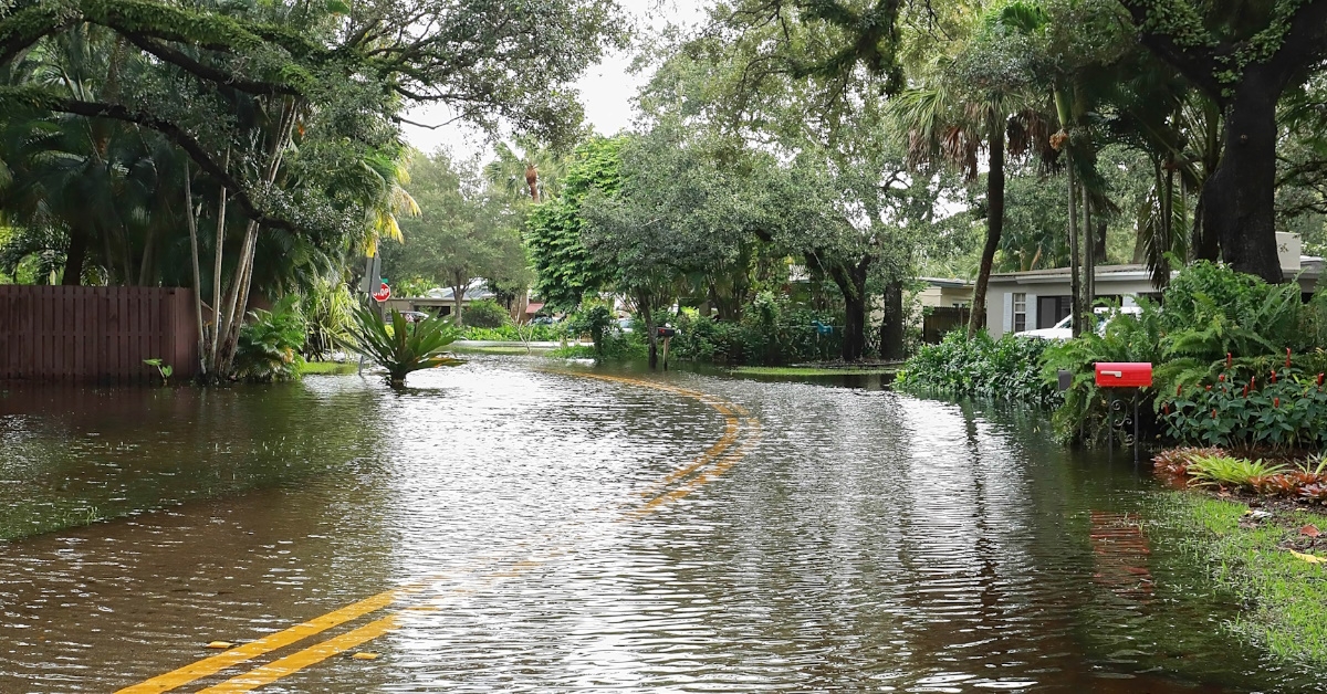 fort lauderdale residential neighborhood street with flood water from tropical storm
