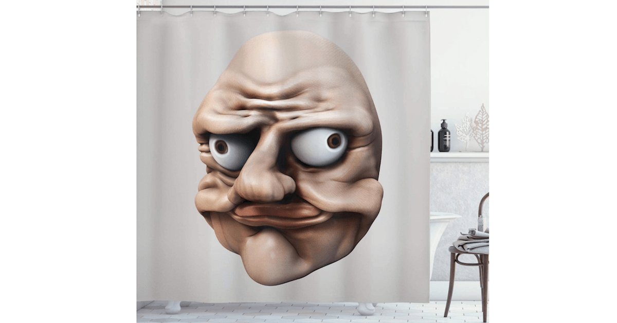 A shower curtain with a strange male face on it