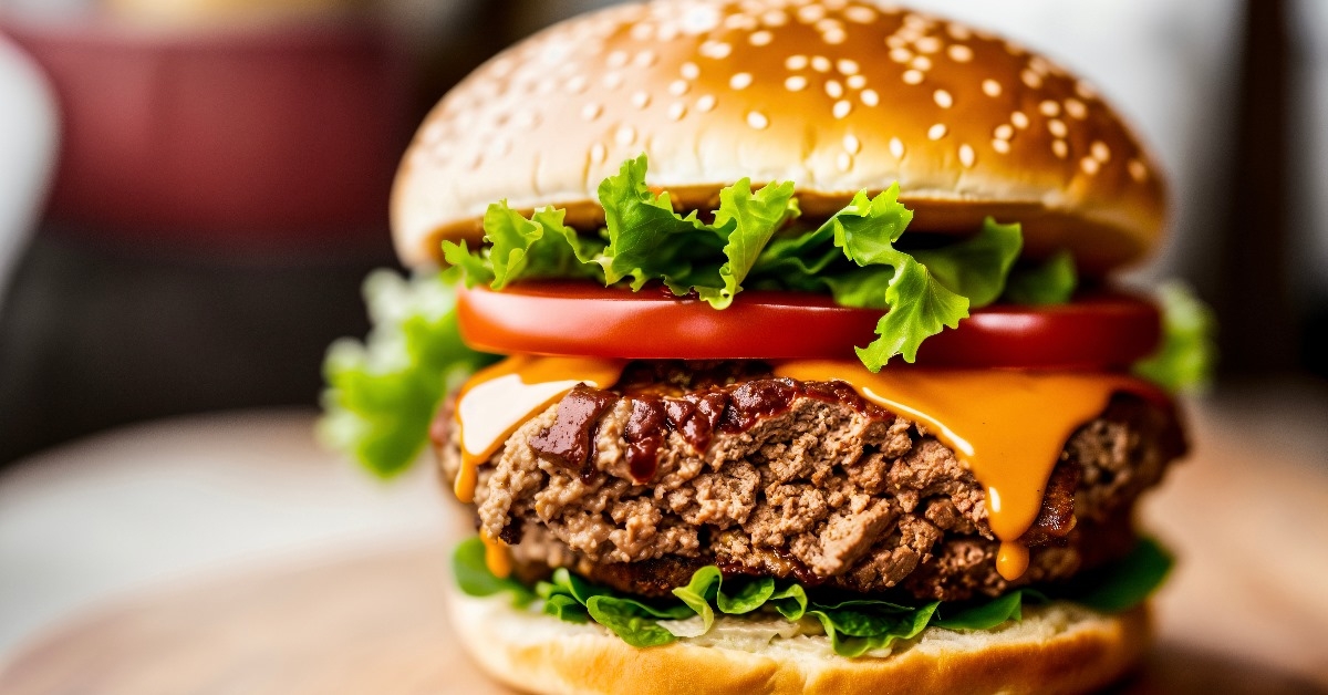 delicious beef hamburger, barbecued on the grill, placed on a rustic wooden board, ready to be served.