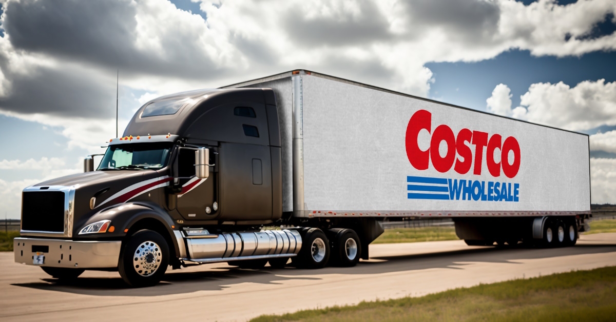costco wholesale truck moving towards destination in a cloudy weather