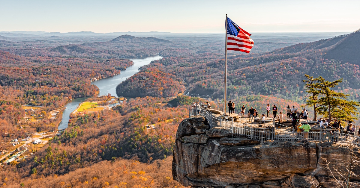 beautiful picture of chimney rock state park and lake Lure in North Carolina,USA in fall season