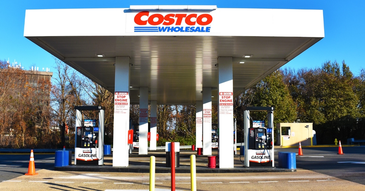 Front view of Costco Gasoline Gas Station, Manassas, VA, USA with a number of trees in the background.