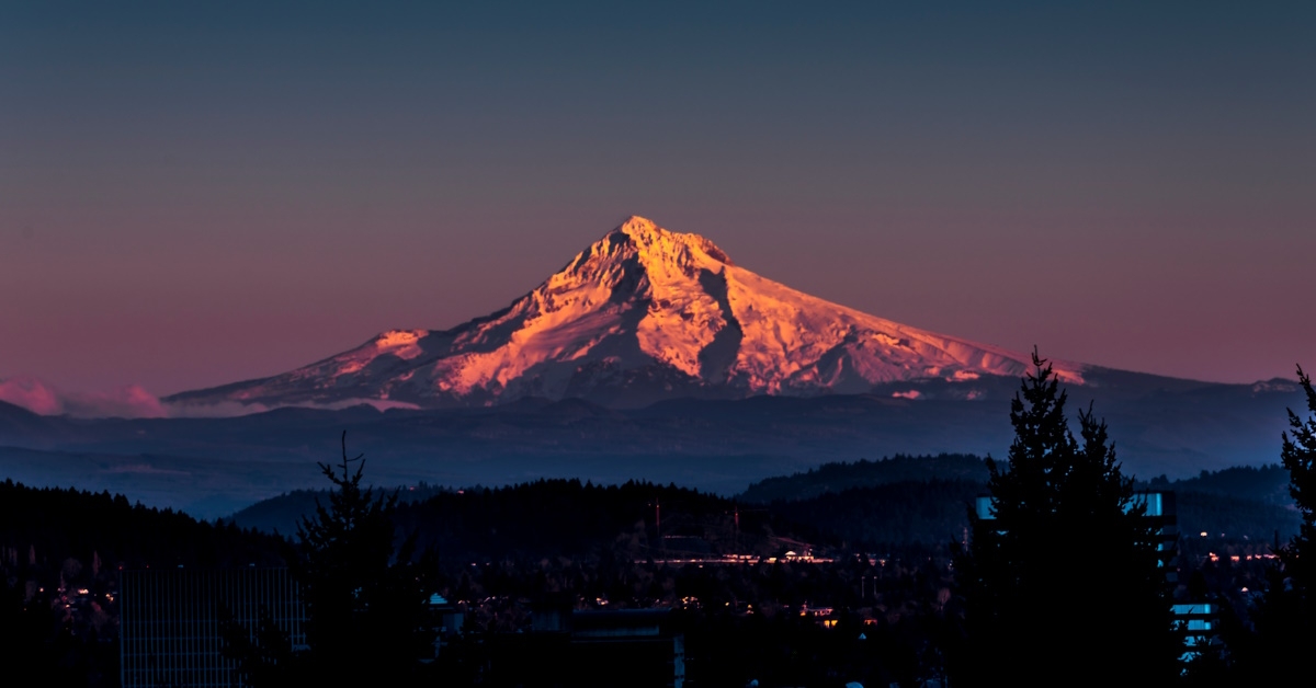 A stuning shot of Mount Hood at Sunset with a number of trees in the front of image.