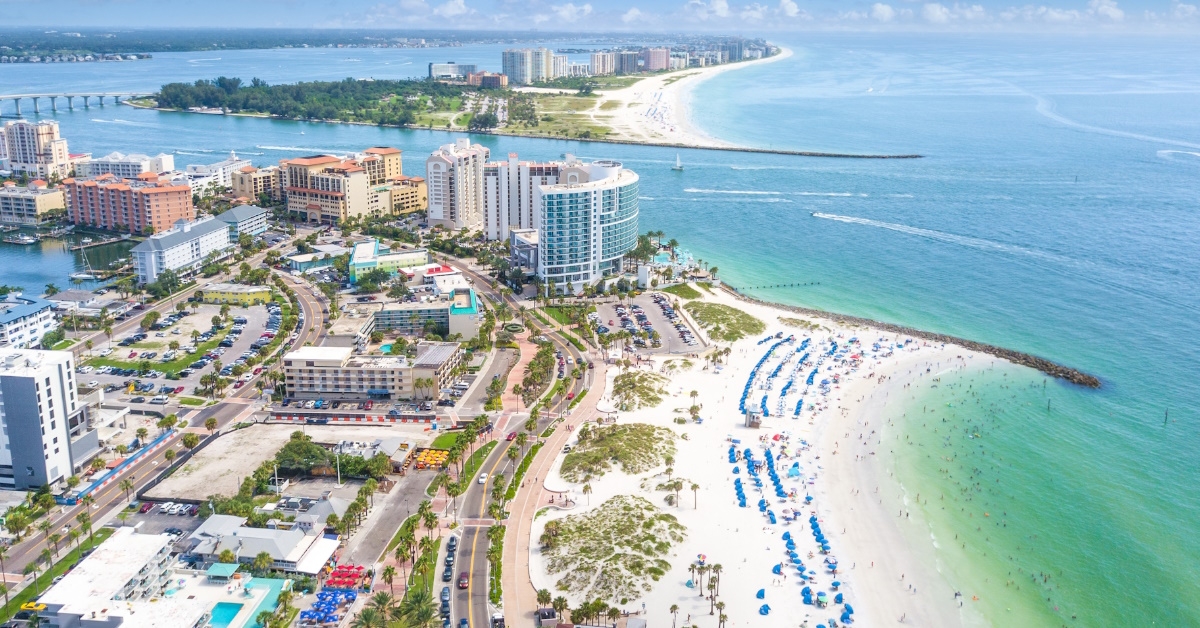 Panorama view of city of Florida with beautiful sight of hotels and resorts on Island, blue-Turquoise Ocean water in a sunny day.