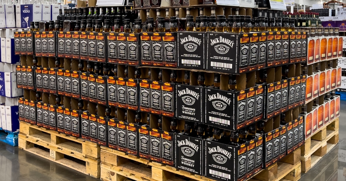 Numerous Jack Daniels brand Bourbon whiskey bottles for sale at a local costco warehouse