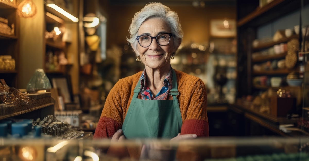Thoughtful senior female standing at her shop is smiling at camera