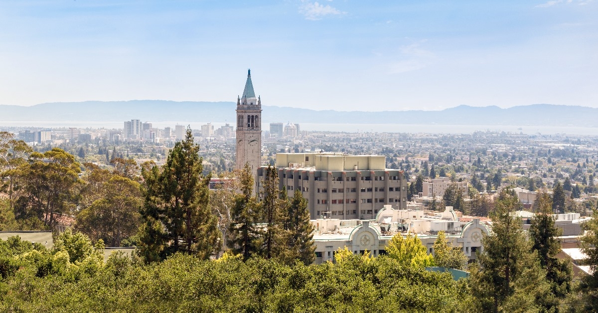 day time shot of berkeley university with clock tower and city view